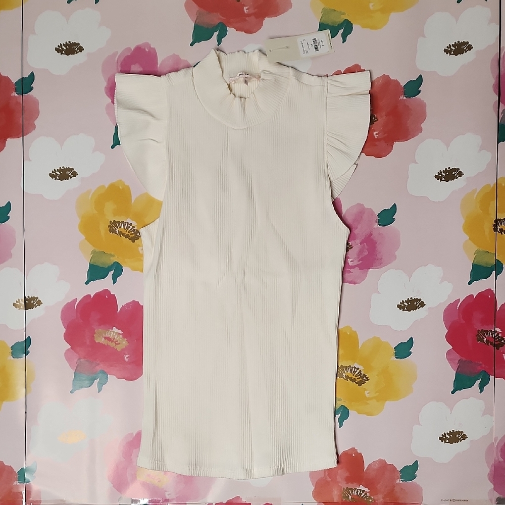 Francesca's Off White Mock Neck Flutter Sleeve Top Xs
